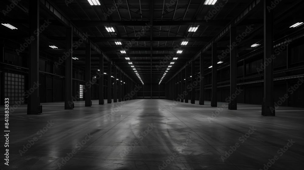 Big black empty clean warehouse. Background image. Created with Generative AI technology. Big black empty clean warehouse. Background image. Created with Generative AI technology.