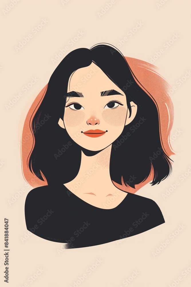 Elegant woman with a subtle smile and sleek black hair on beige Elegant woman with a subtle smile and sleek black hair on beige