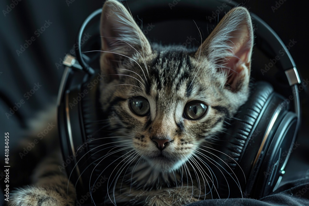 A curious cat lying on top of a pair of headphones, perfect for a funny or quirky image A curious cat lying on top of a pair of headphones, perfect for a funny or quirky image