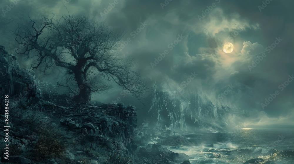 A dark forest with a tree in the foreground and a large moon in the sky A dark forest with a tree in the foreground and a large moon in the sky