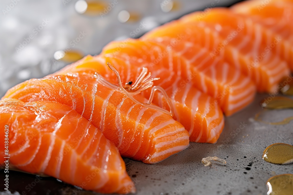 A close-up image revealing several anisakis worms embedded in a raw salmon fillet. A close-up image revealing several anisakis worms embedded in a raw salmon fillet.