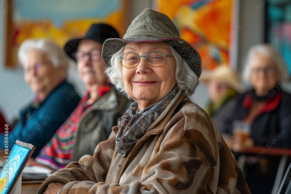 A senior woman in a hat and glasses smiles warmly as she sits among other seniors at tables, likely enjoying an art show.