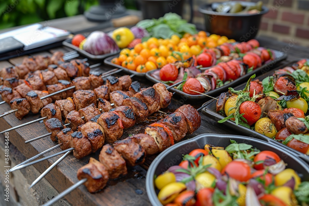 Close-up of a table laid with fresh shish kabobs and vegetables, ready to be served for a summertime meal. Close-up of a table laid with fresh shish kabobs and vegetables, ready to be served for a summertime meal.