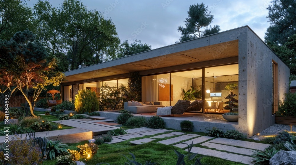 3d rendering of flat roof house with concrete facade in night