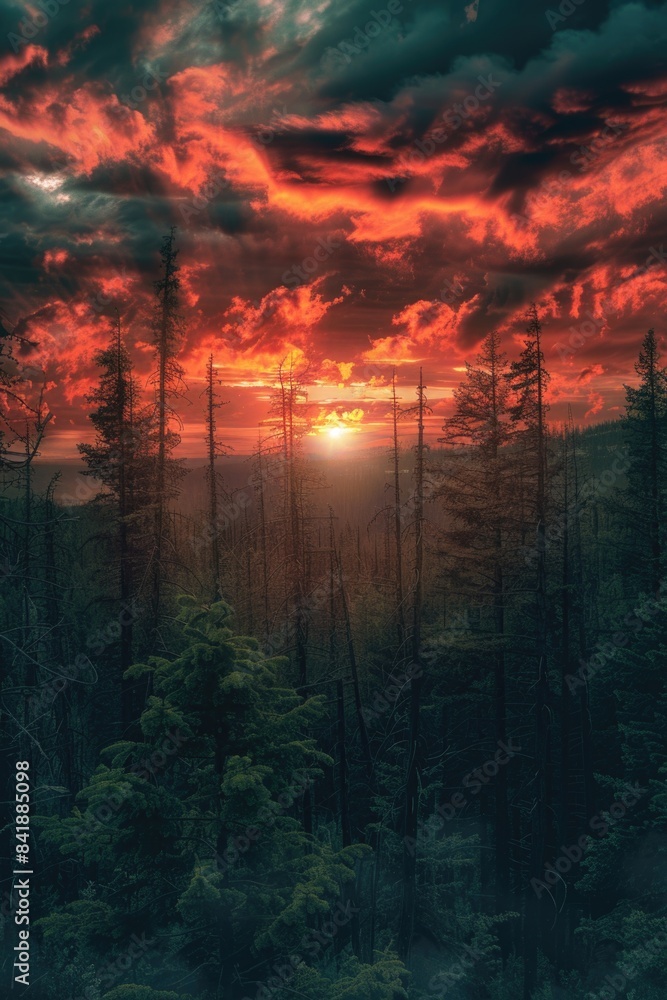 A photo of sunset with trees in the foreground, taken during golden hour A photo of sunset with trees in the foreground, taken during golden hour