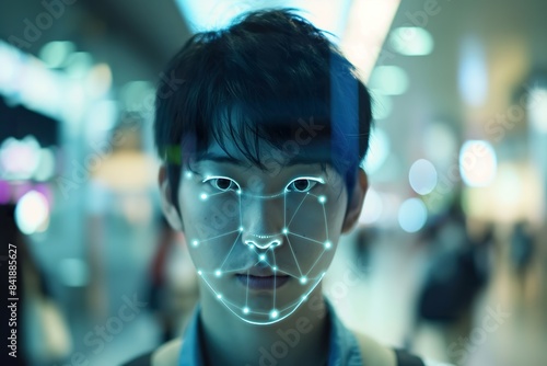 A man sporting a futuristic face, showcasing the advancement of technology merging with humanity. photo