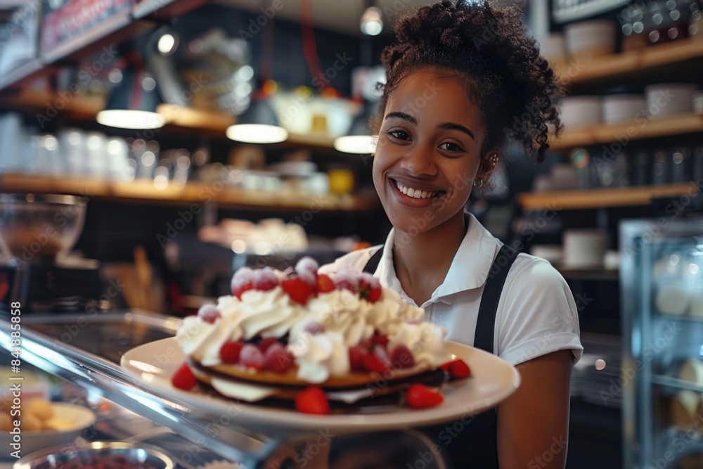 Naklejka premium A woman holds a plate with a delicious-looking cake