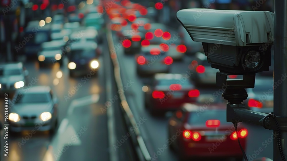The camera tracks data on traffic violations against the background of car traffic poster. The camera tracks data on traffic violations against the background of car traffic poster.