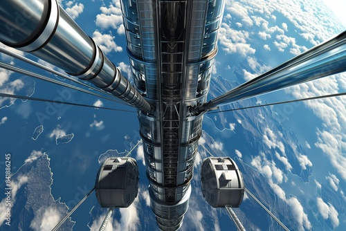 Fototapeta Naklejka Na Ścianę i Meble -  a space elevator cabin, looking up at the tower that connects Earth to space.