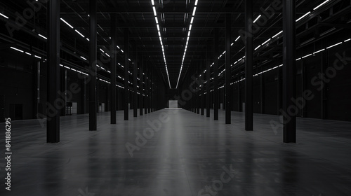Big black empty clean warehouse. Background image. Created with Generative AI technology. © Artem