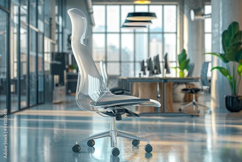 A high tech office chair with a transparent backrest and dynamic support system in a creative workspace environment