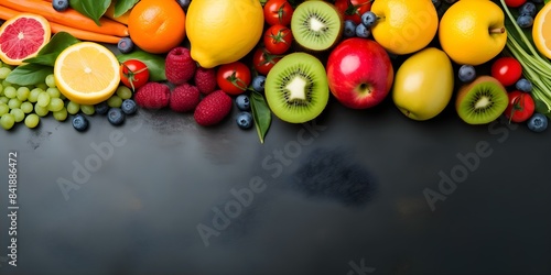 Flat lay composition of assorted fruits and vegetables on colorful background. Concept Food Photography, Flat Lay, Colorful Background, Fruits, Vegetables