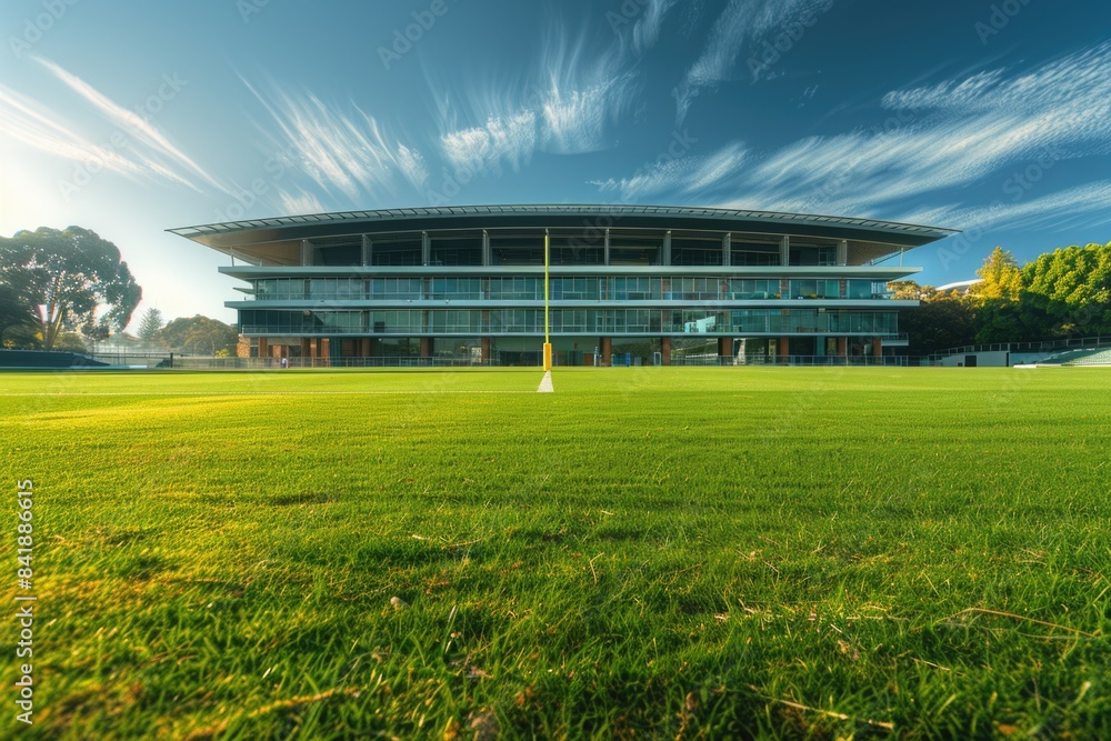 A green open space with a building in the background, suitable for use as an office or residential setting A green open space with a building in the background, suitable for use as an office or residential setting