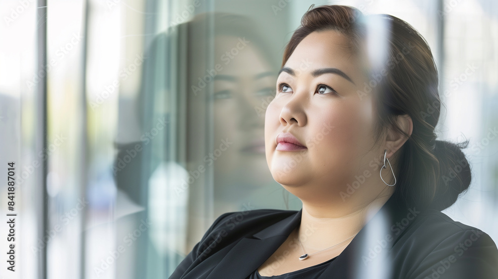 copy space, stockphoto, plus size asian businesswoman in an office environment. Succesful hispanic business woman standing in an office. Confident successful woman.