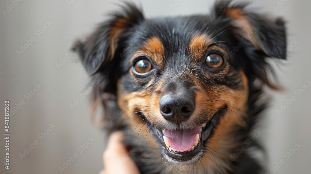 A joyful dog receiving head pats on a simple white background, showcasing the bond between pet and owner. A joyful dog receiving head pats on a simple white background, showcasing the bond between pet and owner.