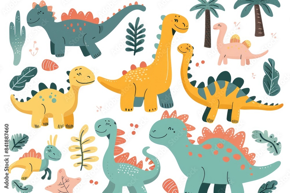 Illustration of various prehistoric plants and dinosaurs together in a jungle-like setting Illustration of various prehistoric plants and dinosaurs together in a jungle-like setting