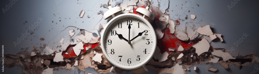 A white alarm clock with the hands on the number 3 and 9. The clock is on a wooden table next to a wall with peeling paint A white alarm clock with the hands on the number 3 and 9. The clock is on a wooden table next to a wall with peeling paint