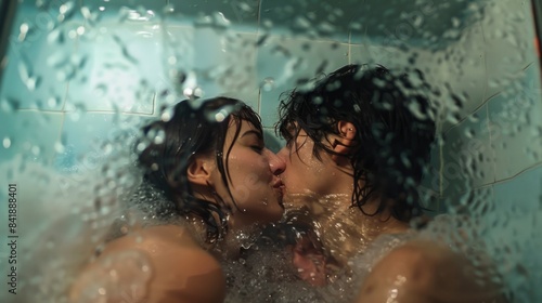 A romantic moment between two people in the shower, useful for love story illustrations or intimate scenes