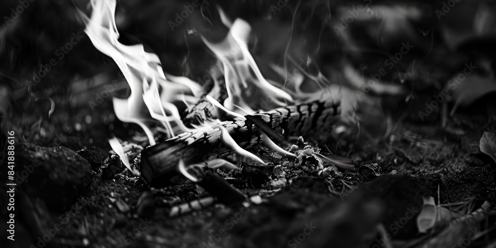 A black and white photograph of a campfire with flames and smoke, possibly in a wilderness setting A black and white photograph of a campfire with flames and smoke, possibly in a wilderness setting