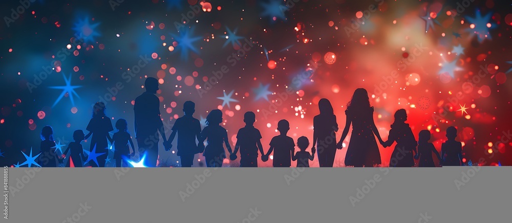 Community celebration with blue and red star sparkles and happy families, realistic HD image, Community celebration with blue and red star sparkles and happy families, realistic HD image,