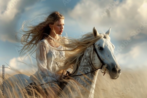 A woman rides on the back of a white horse in an open field © Ева Поликарпова