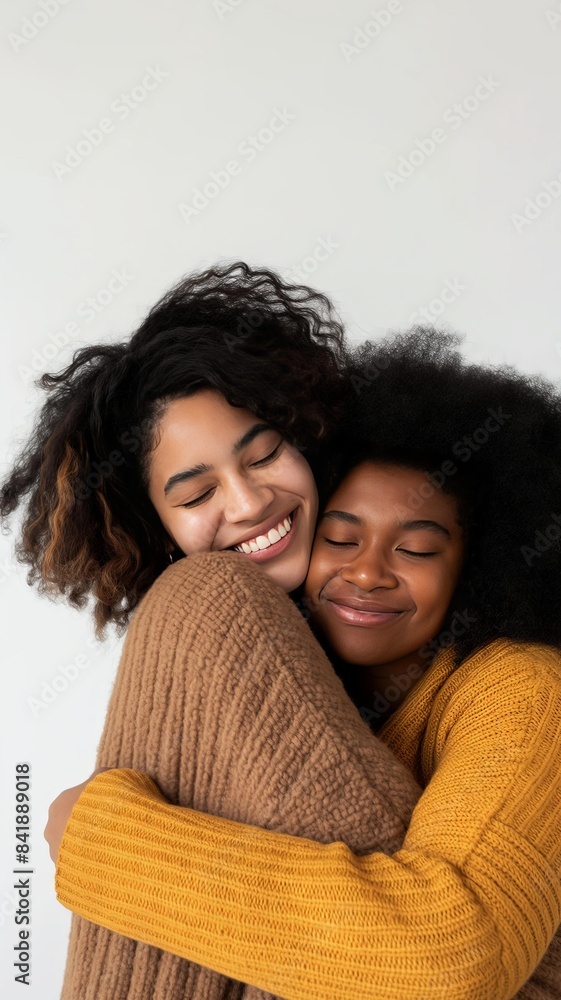 Vertical AI illustration two women enjoying a heartfelt hug in warm sweaters. People concept. Vertical AI illustration two women enjoying a heartfelt hug in warm sweaters. People concept.