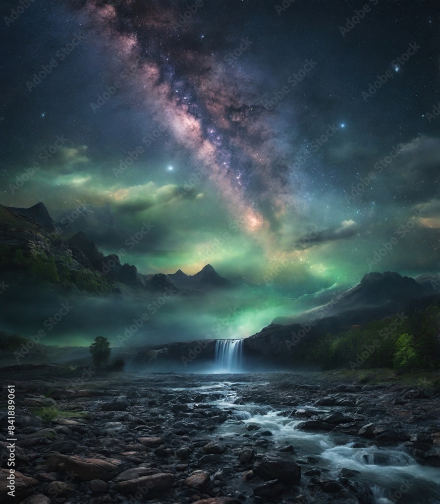 The Milky Way and Green Airglow Illuminate a Mystical Waterfall, Night Photography, Illuminated Sky, Surreal Nightscape, Celestial Symphony The Milky Way and Green Airglow Illuminate a Mystical Waterfall, Night Photography, Illuminated Sky, Surreal Nightscape, Celestial Symphony