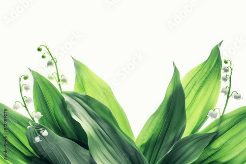 Beautiful lush green leaves and lilies of the valley isolated on white background