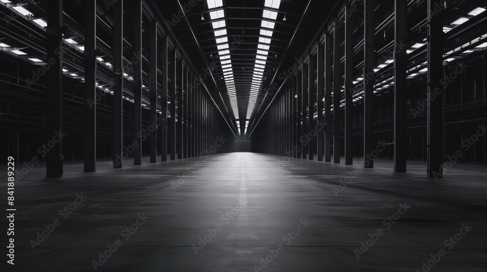 Big black empty clean warehouse. Background image. Created with Generative AI technology. Big black empty clean warehouse. Background image. Created with Generative AI technology.