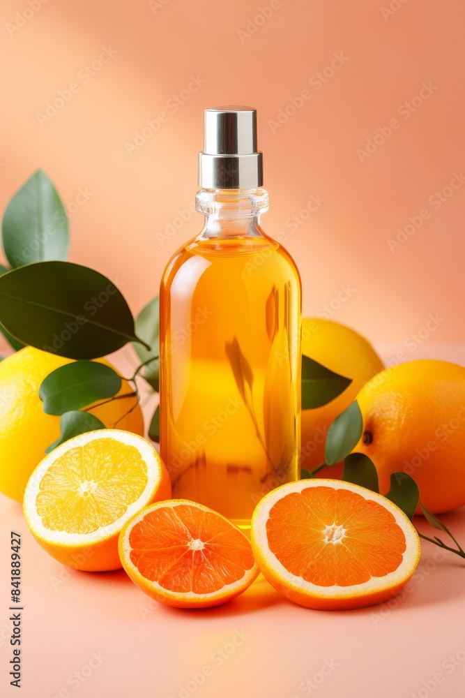 A bottle of orange oil sits on a yellow table next to two oranges. The bottle is half full and the oranges are cut in half. Concept of freshness and natural beauty A bottle of orange oil sits on a yellow table next to two oranges. The bottle is half full and the oranges are cut in half. Concept of freshness and natural beauty