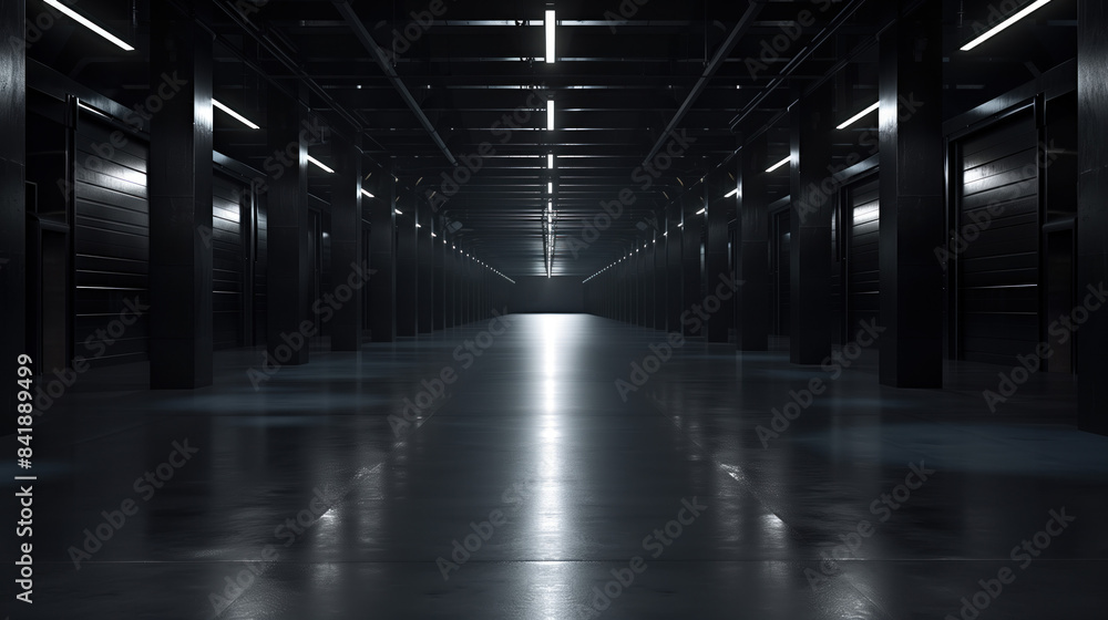 Big black empty clean warehouse. Background image. Created with Generative AI technology. Big black empty clean warehouse. Background image. Created with Generative AI technology.