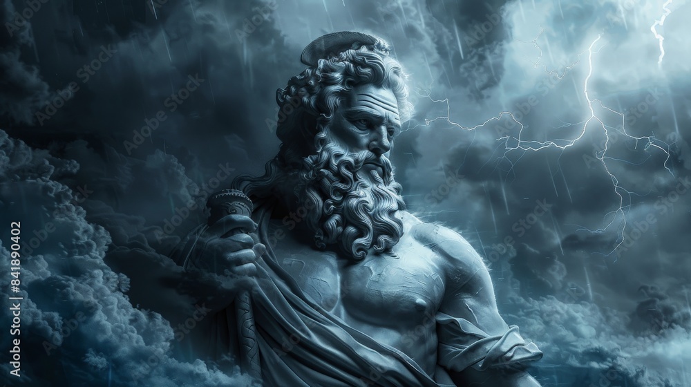The God Zeus on the background of a gloomy sky with lightning. The God Zeus on the background of a gloomy sky with lightning.