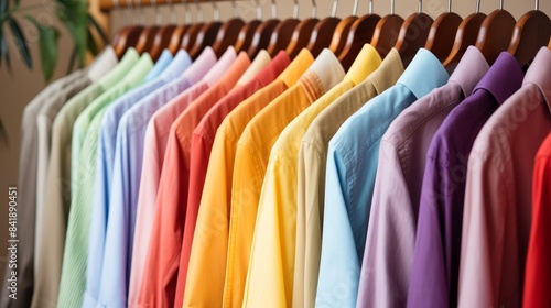 A rack of colorful shirts hanging up. The shirts are of various colors and styles, and they are all neatly hung up. Concept of organization and order © Media Srock