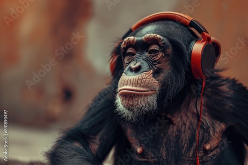 Wallpaper Mural A chimpanzee sitting on the ground wearing headphones Torontodigital.ca