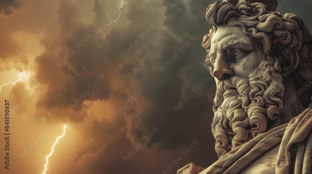 The God Zeus on the background of a gloomy sky with lightning. The God Zeus on the background of a gloomy sky with lightning.