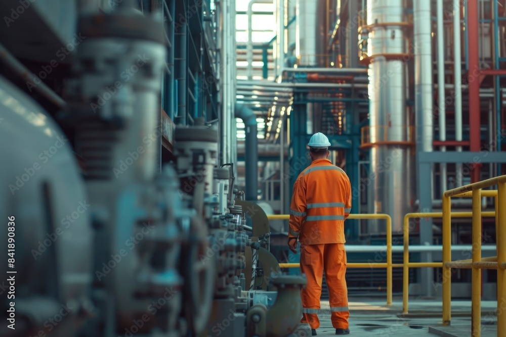 Naklejka premium A man wearing an orange uniform stands in a factory setting