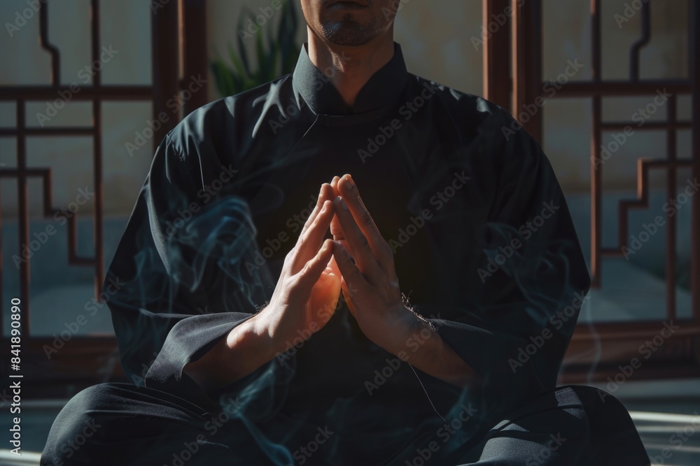 Man in seated lotus pose with hands clasped, ideal for calm and contemplative scenes Man in seated lotus pose with hands clasped, ideal for calm and contemplative scenes