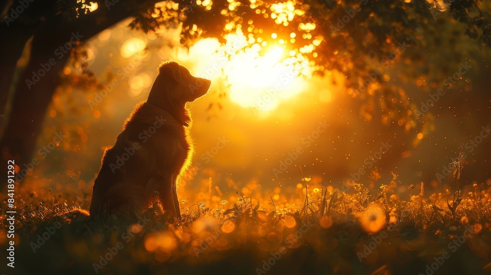 Tranquility in Nature - Close-Up of Dog Resting Under Lush Green Tree with Vibrant Double Exposure Silhouette Tranquility in Nature - Close-Up of Dog Resting Under Lush Green Tree with Vibrant Double Exposure Silhouette