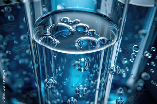 A close-up shot of a glass filled with carbonated water, featuring air bubbles and condensation