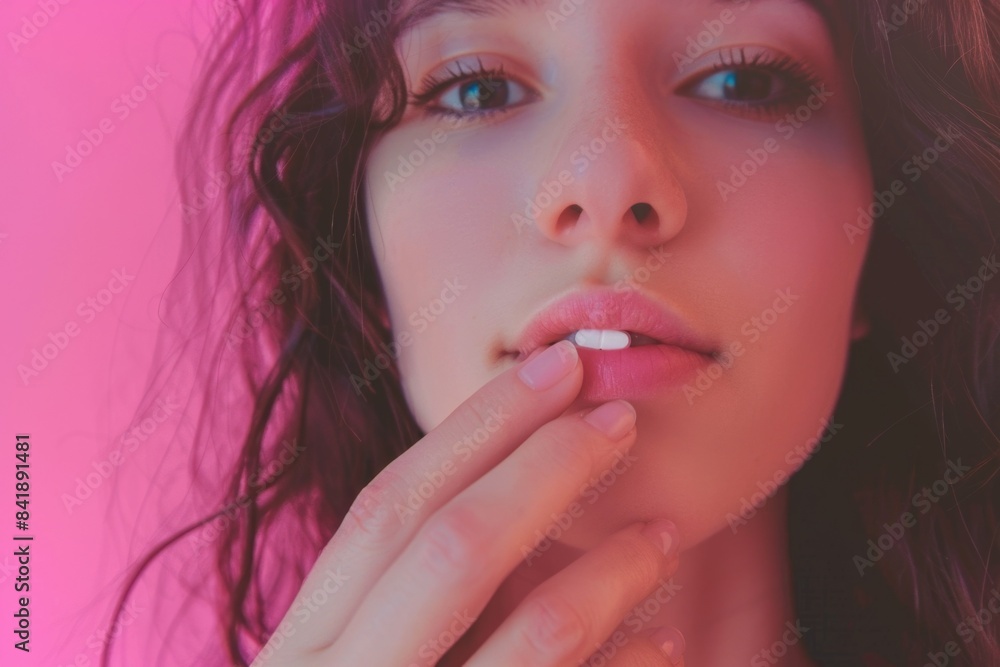 A close-up shot of a person against a bright pink background A close-up shot of a person against a bright pink background