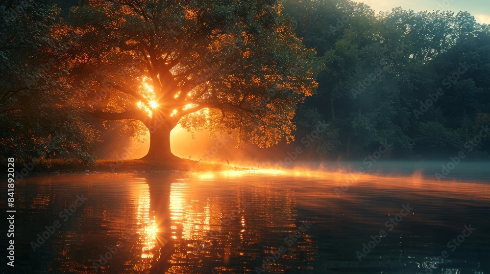 Fototapeta premium Serene Double Exposure: Tranquil Tree by Riverbank Close-Up with Copy Space.