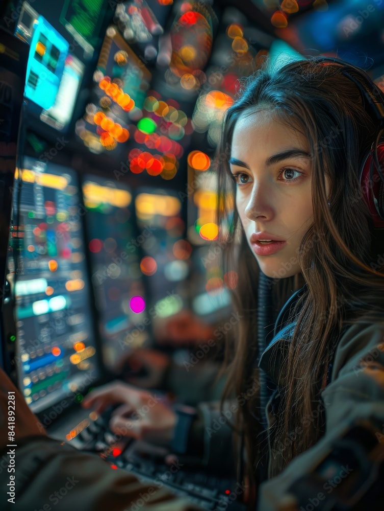 Obraz premium Focused woman working with advanced technology in a high-tech control room, surrounded by multiple screens displaying data and analytics.
