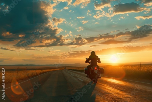Fototapeta Naklejka Na Ścianę i Meble -  A person riding a motorcycle down a road during the sunset with the setting sun in the background
