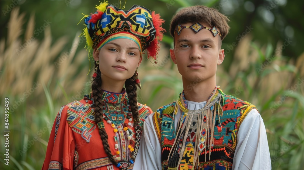 Obraz premium A young couple poses for a photo in traditional clothing