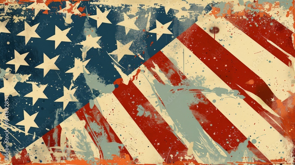Obraz premium A vintage-style poster celebrating the 4th of July, with retro typography, an old-fashioned American flag.