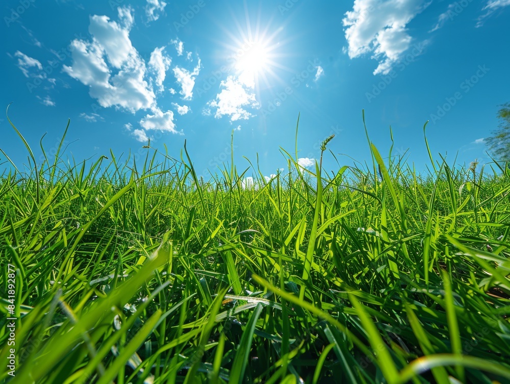 Fototapeta premium Radiant Sunlit Grass Close-Up with Double Exposure Silhouette in Clear Blue Skies