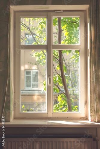 A window with a view of a tree outside