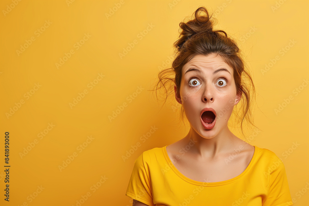 A surprised woman with wide eyes and open mouth against a pastel yellow background A surprised woman with wide eyes and open mouth against a pastel yellow background