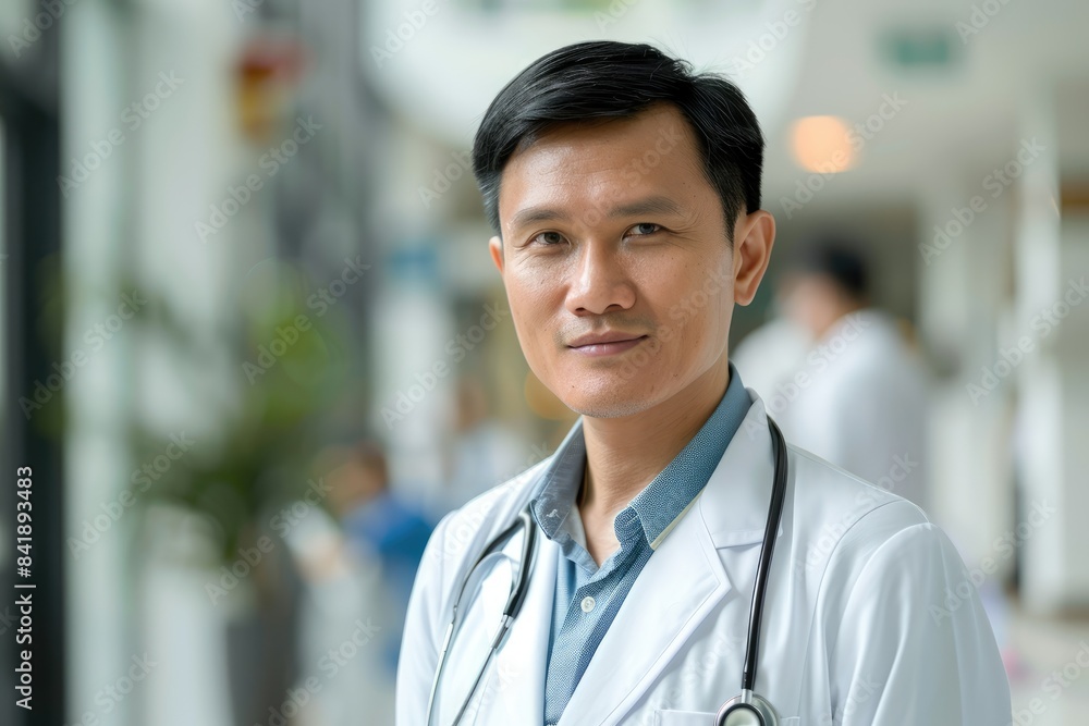 Portrait of a asian male doctor in a white coat, with a hospital corridor in the background Portrait of a asian male doctor in a white coat, with a hospital corridor in the background