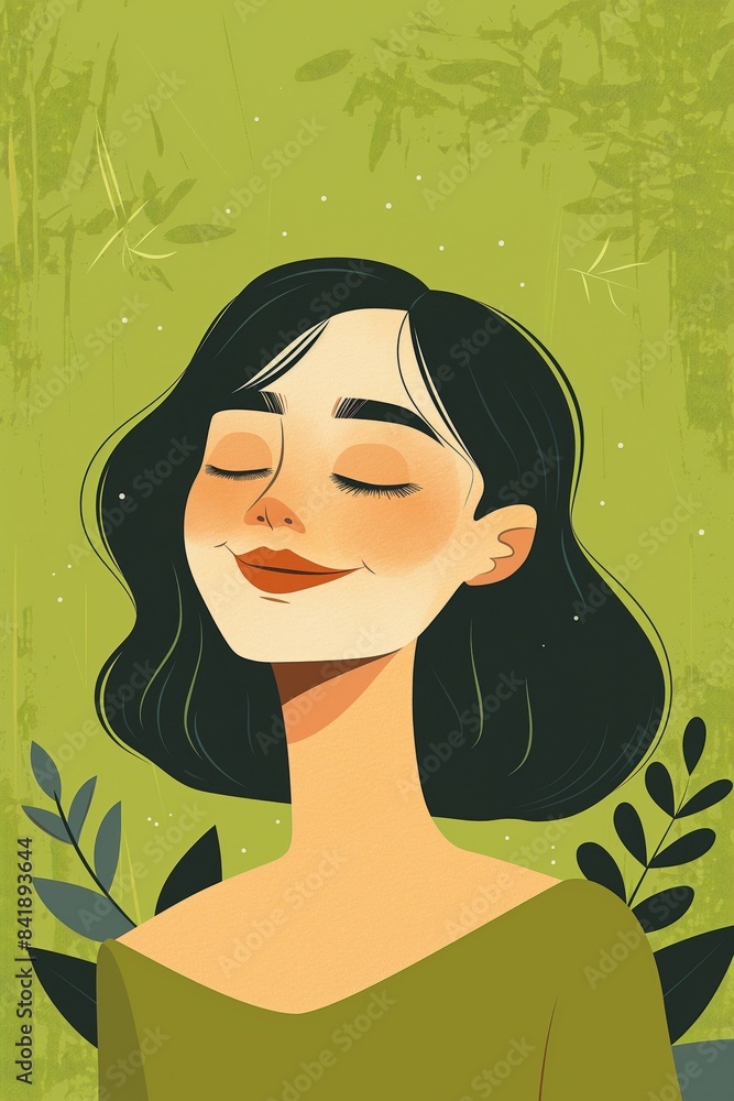 Tranquil portrait of a woman surrounded by a serene green nature scene Tranquil portrait of a woman surrounded by a serene green nature scene